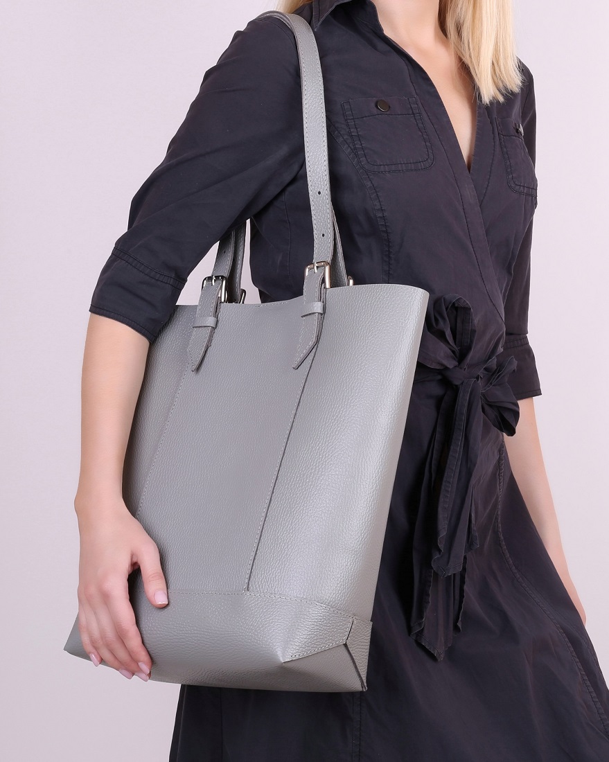 Женская сумка-шоппер из натуральной кожи серая A014 grey grain